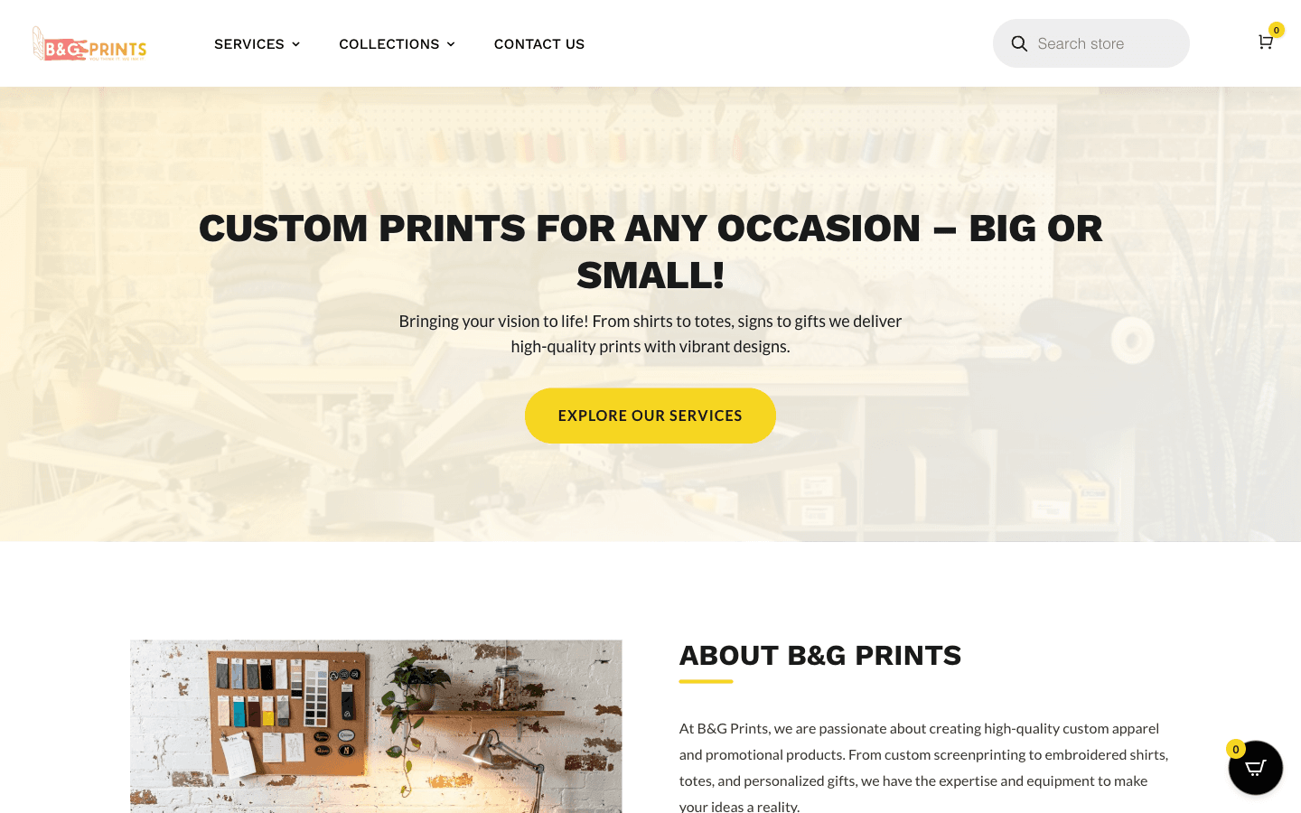 Screenshot of B&G Prints website — Custom printing & embroidery webstore