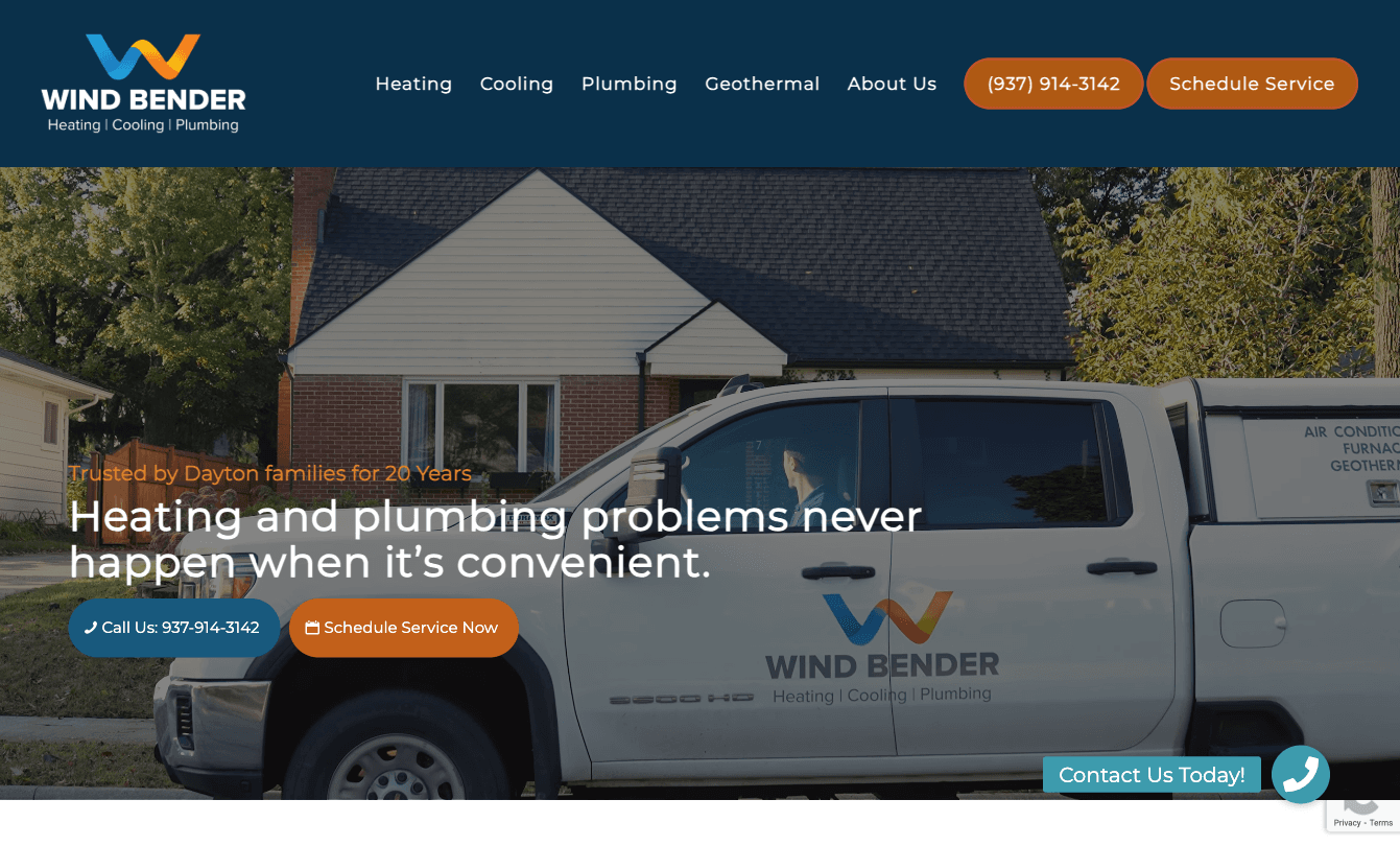Screenshot of Wind Bender website — HVAC & plumbing company in Dayton, OH