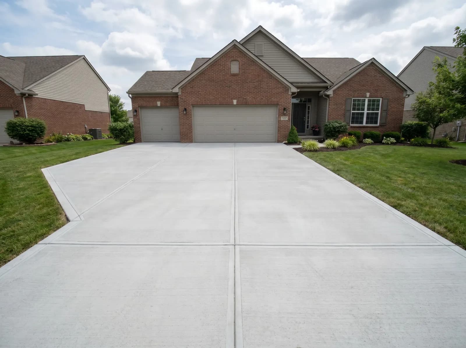 A newly poured concrete driveway leading to a brick home in Columbus, Ohio