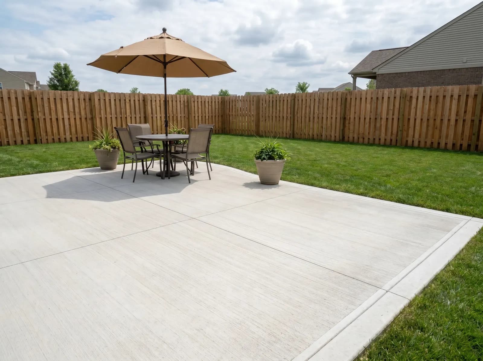 A finished backyard concrete patio with a table and umbrella