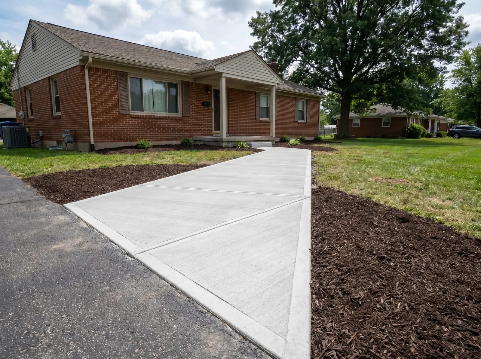 A new concrete walkway leading to the front porch of a brick ranch home