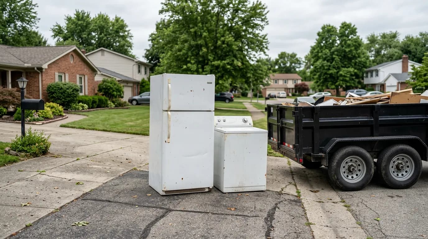 A refrigerator and washer in a driveway being loaded onto a Donkey Dumpster trailer