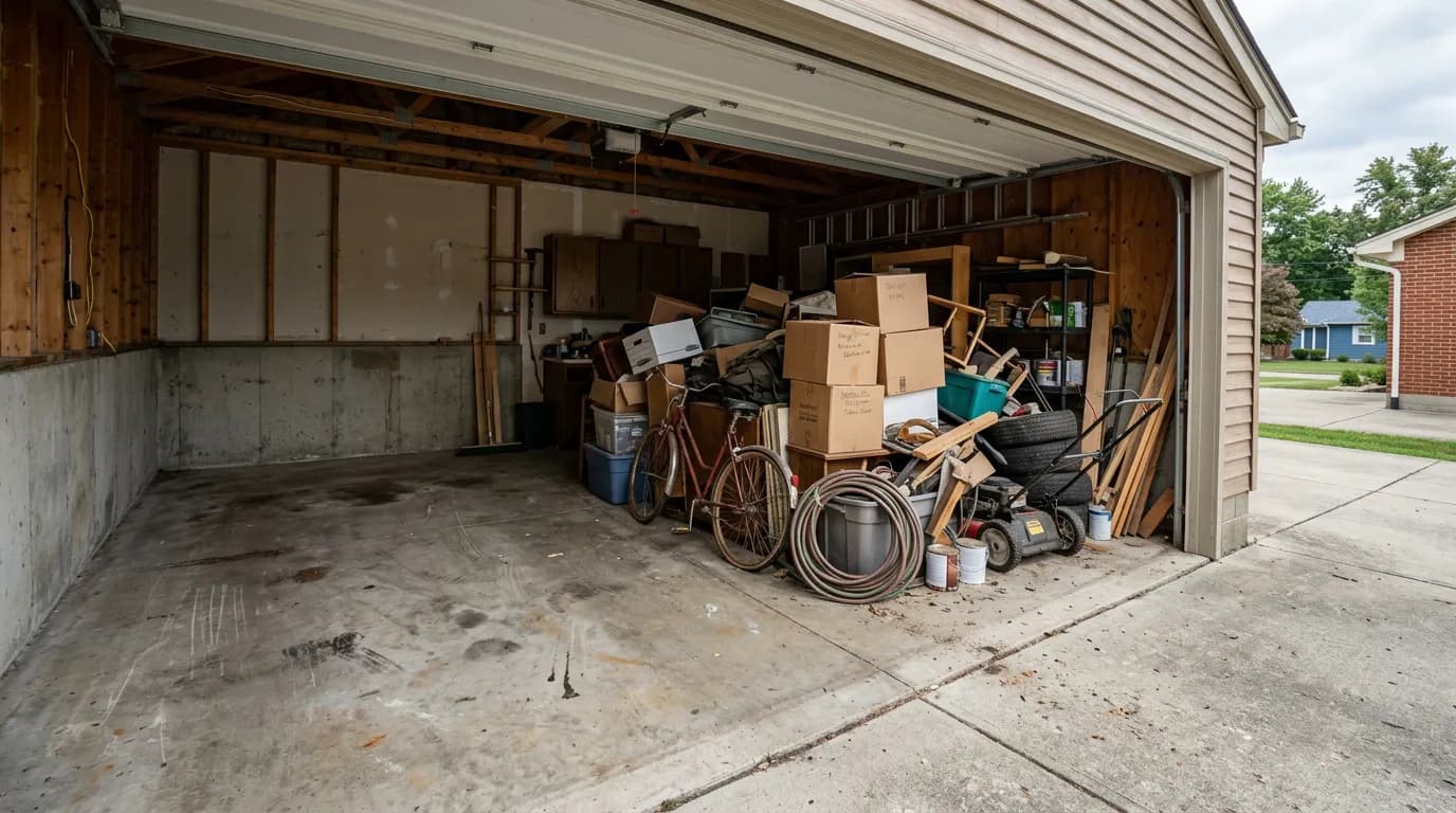 A garage in Columbus, Ohio partially cleared out during a Donkey Dumpster cleanout job